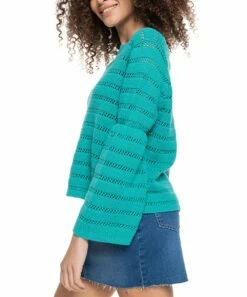 Best Sale 🛒 Roxy Latigo Bay Teal Stripe Aloha Band Sweater - Juniors ✨ -Hot Sale Roxy Shop zu101002535 alt 1 tm1637932297