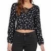 Discount ✨ Roxy Anthracite Dreamer Hibiscus Puff-Sleeve Lace-Up V-Neck Top - Juniors 🎁