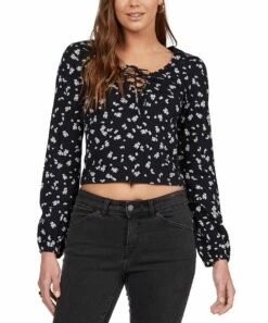 Discount โจ Roxy Anthracite Dreamer Hibiscus Puff-Sleeve Lace-Up V-Neck Top - Juniors ๐