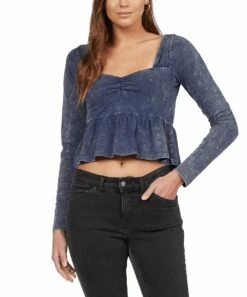Coupon ⌛ Roxy Mood Indigo Long-Sleeve Ruffle-Hem Sweetheart Crop Top - Juniors 🌟