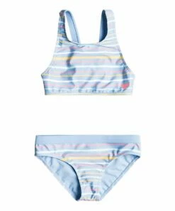 Hot Sale 🎁 Roxy Lavender & Yellow Stripe Logo 👙 Bikini Top & Bottoms - Toddler & 👧 Girls 😀