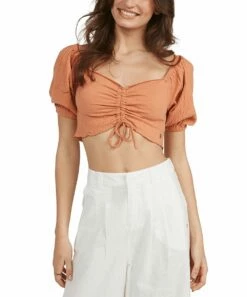 Promo ๐ฅฐ Roxy Toasted Nut Tie-Front Ruched Flirty Walk Crop Top - Juniors โญ