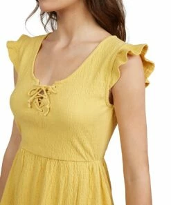 Coupon ๐ Roxy Ochre Lace-Up V-Neck Born In Paradise Flutter-Sleeve ๐ Dress - Juniors ๐งจ