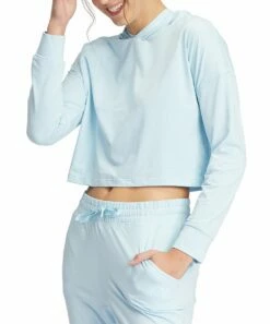 New โจ Roxy Cool Blue Heather Long-Sleeve Sun Might Shine Hooded Crop Top - Juniors ๐