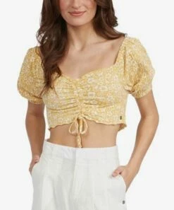 Discount ๐ Roxy Ochre Woodblock Ditsy Flirty Walk Puff-Sleeve Crop Top - Juniors ๐