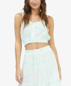 New ๐ฅฐ Roxy Brook Green Palm Tree Smocked Sea Fog Crop Tank - Juniors โค๏ธ