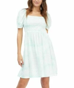 Brand new ๐ฅ Roxy Brook Green Palm Tree Hello Petal Puff-Sleeve A-Line ๐ Dress - Juniors ๐