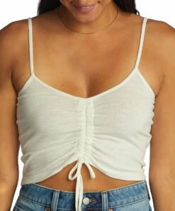 Flash Sale 👏 Roxy Snow White Tie Ruched V-Neck Flirty Feels Crop Tank - Juniors ⌛