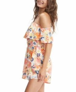 Flash Sale 👍 Roxy Snow White & Coral Floral Another Day Off-Shoulder Romper - Juniors 😀 -Hot Sale Roxy Shop zu106636958 alt 2 tm1657287674