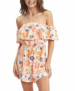 Flash Sale 👍 Roxy Snow White & Coral Floral Another Day Off-Shoulder Romper - Juniors 😀