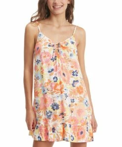 Outlet ๐ Roxy Snow White & Orange Floral Lace-Up Be Right Back Sleeveless ๐ Dress - Juniors ๐ฅฐ