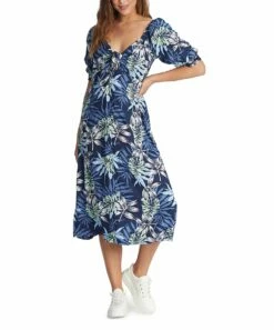 Cheapest ⭐ Roxy Indigo Seaside Floral V-Neck Evening Delight Midi 👗 Dress - Juniors ❤️