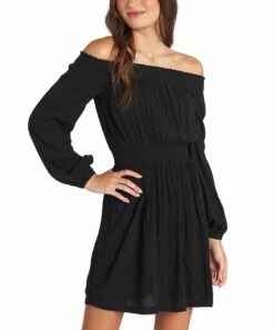 Discount ๐ Roxy Anthracite Dream Escape Smocked Off-Shoulder Mini ๐ Dress - Juniors โจ