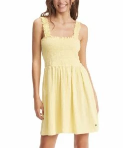 Discount 🛒 Roxy Sundress Yellow Hanging 10 Wide-Strap Smocked Bodice Mini 👗 Dress - Juniors 🔥