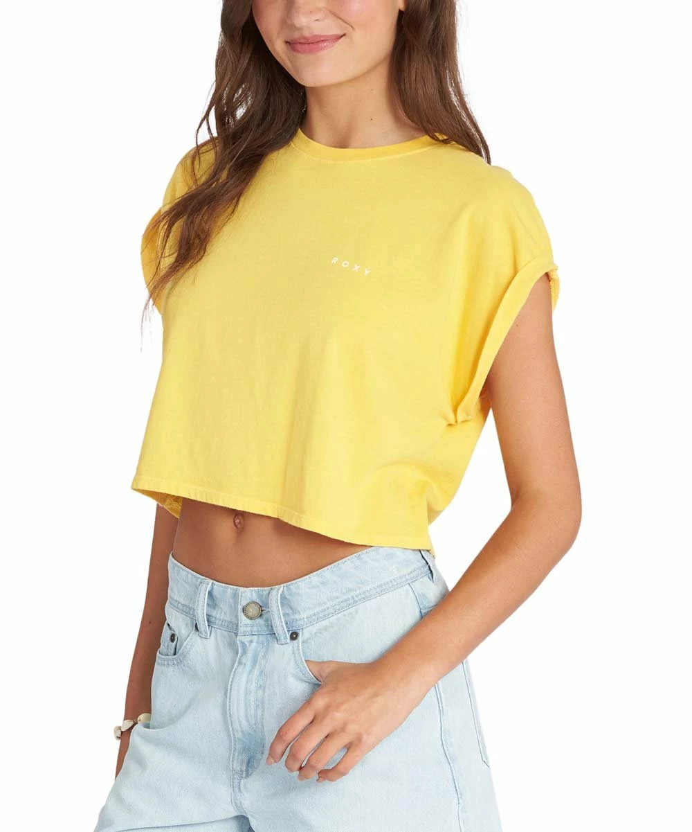 Brand new 😀 Roxy Yolk Yellow Horizon Retro Sunny Day Crewneck Crop Tee - Juniors 😀 2 Brand new 😀 Roxy Yolk Yellow Horizon Retro Sunny Day Crewneck Crop Tee - Juniors 😀 - Image 2