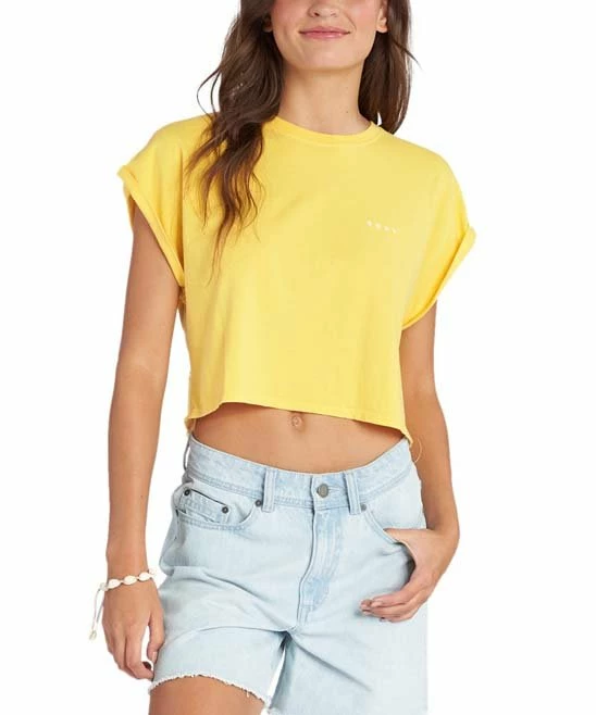 Brand new 😀 Roxy Yolk Yellow Horizon Retro Sunny Day Crewneck Crop Tee - Juniors 😀 4 Brand new 😀 Roxy Yolk Yellow Horizon Retro Sunny Day Crewneck Crop Tee - Juniors 😀 - Image 4