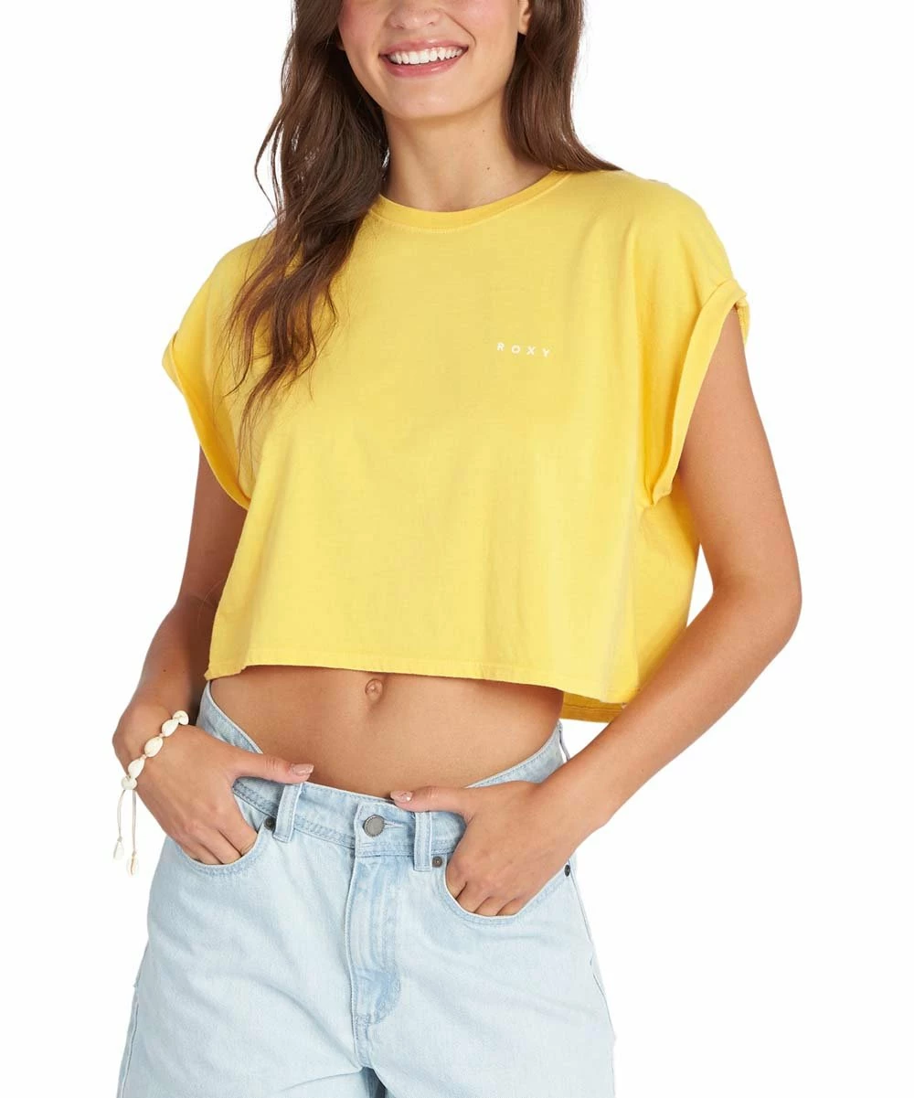 Brand new 😀 Roxy Yolk Yellow Horizon Retro Sunny Day Crewneck Crop Tee - Juniors 😀 3 Brand new 😀 Roxy Yolk Yellow Horizon Retro Sunny Day Crewneck Crop Tee - Juniors 😀 - Image 3