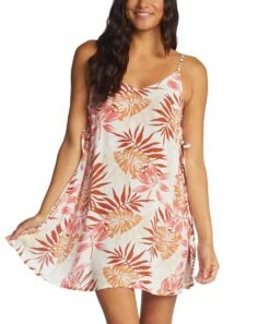 Discount 🛒 Roxy Coral & Snow White Seaside Beachy Vibes Cami-Strap Mini 👗 Dress - Juniors ⭐