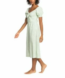 Promo 💯 Roxy White & Sprucetone Houndstooth 🌞 Summertime Feel Knot-Front Puff-Sleeve Midi 👗 Dress - Juniors 👍 -Hot Sale Roxy Shop zu108154195 alt 1 tm1661981860