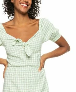 Promo ๐ฏ Roxy White & Sprucetone Houndstooth ๐ Summertime Feel Knot-Front Puff-Sleeve Midi ๐ Dress - Juniors ๐