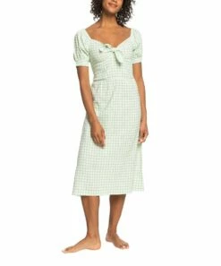 Promo 💯 Roxy White & Sprucetone Houndstooth 🌞 Summertime Feel Knot-Front Puff-Sleeve Midi 👗 Dress - Juniors 👍 -Hot Sale Roxy Shop zu108154195 alt 4 tm1661981860