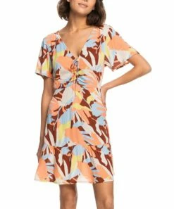 Top 10 ๐ Roxy Rustic Brown Floral ๐ Summer Flow V-Neck ๐ Dress - Juniors โ๏ธ