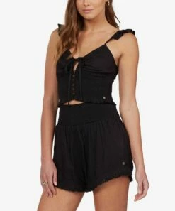 Best Pirce ๐ Roxy Anthracite Ruffle-Sleeve Lace-Up Light Sky Top - Juniors ๐