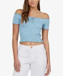 Cheap ⌛ Roxy Adriatic Blue Floral Us Together Off-Shoulder Top - Juniors ⌛
